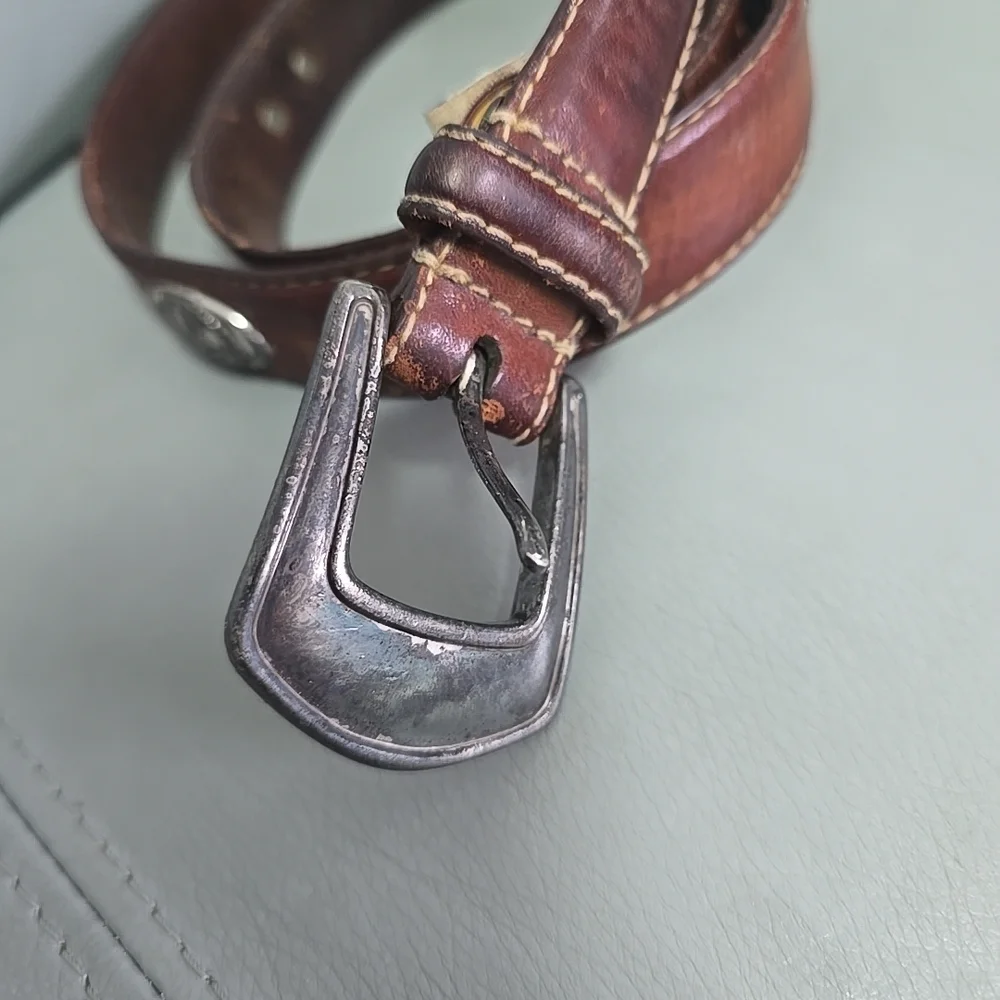 Vintage Fossil Italian‎ Full Grain Cowhide Brown Leather Golf Medallion Belt 36
